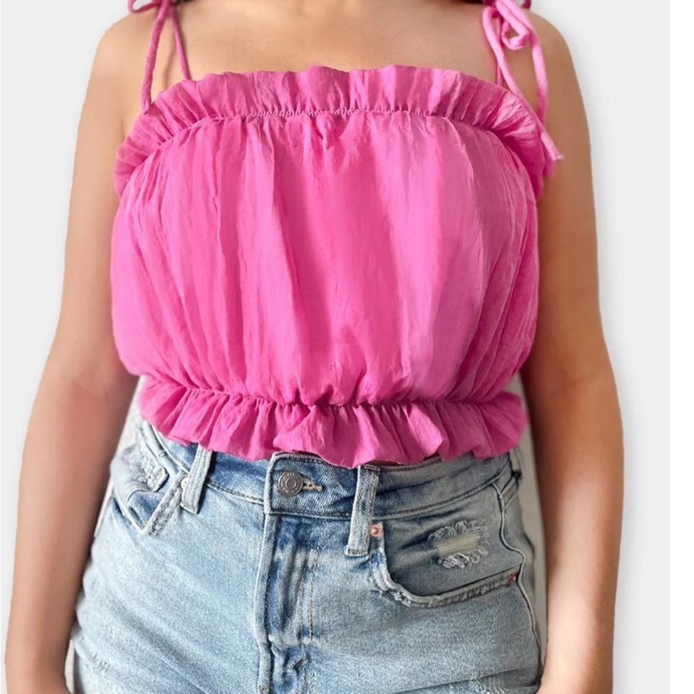 These Three Boutique pink puff strap top